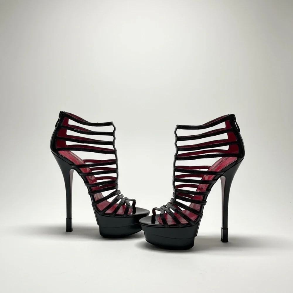 Cesare Paciotti caged black patent stiletto heels size 37 1/2 RARE